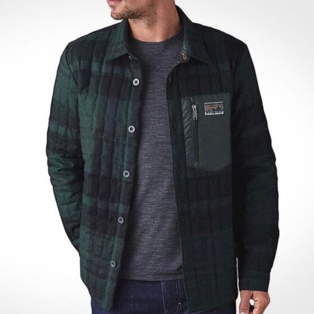 Patagonia Dark Green and Black Plaid Quilted Shirt Jacket